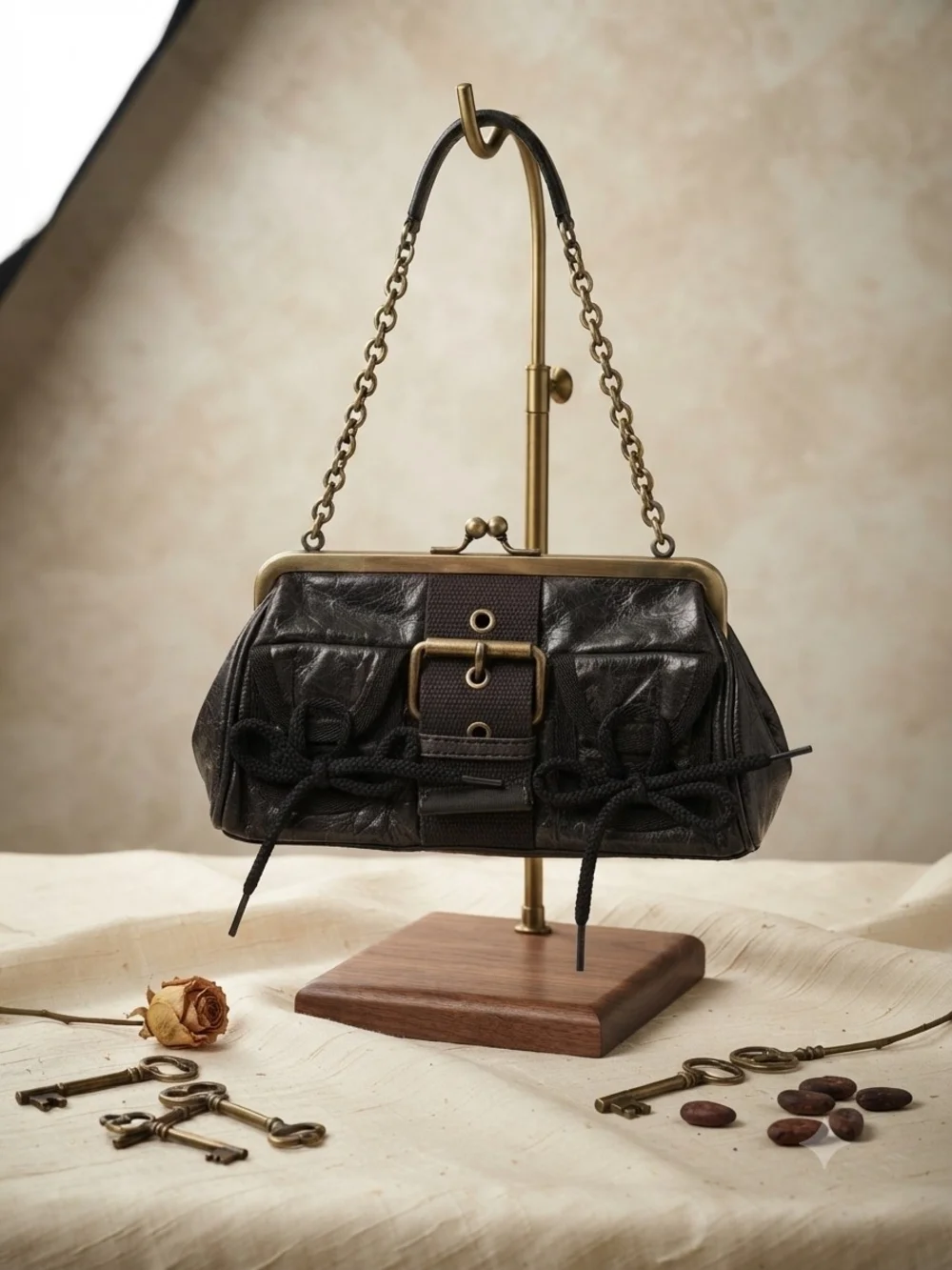 Vintage Cynthia Rowley Y2K Black Leather Kisslock Chain Purse Bag